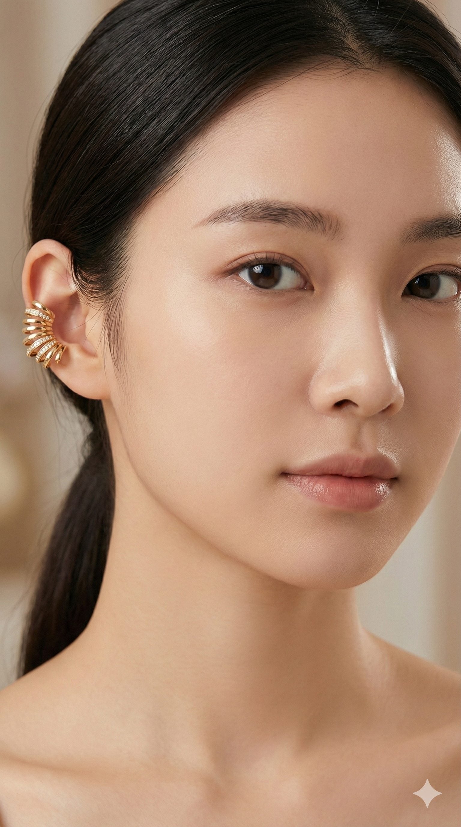young woman wearing gold-plated hypoallergenic earrings, showing their anti-tarnish shine suitable for sensitive skin and daily wear
