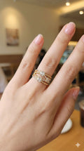 young woman wearing gold-plated hypoallergenic finger ring, showing their anti-tarnish shine suitable for sensitive skin and daily wear