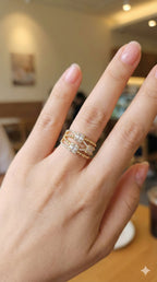 young woman wearing gold-plated hypoallergenic finger ring, showing their anti-tarnish shine suitable for sensitive skin and daily wear