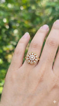 young woman wearing gold-plated hypoallergenic finger ring, showing their anti-tarnish shine suitable for sensitive skin and daily wear