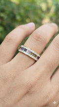young woman wearing gold-plated hypoallergenic finger ring, showing their anti-tarnish shine suitable for sensitive skin and daily wear