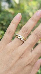 young woman wearing gold-plated hypoallergenic finger ring, showing their anti-tarnish shine suitable for sensitive skin and daily wear