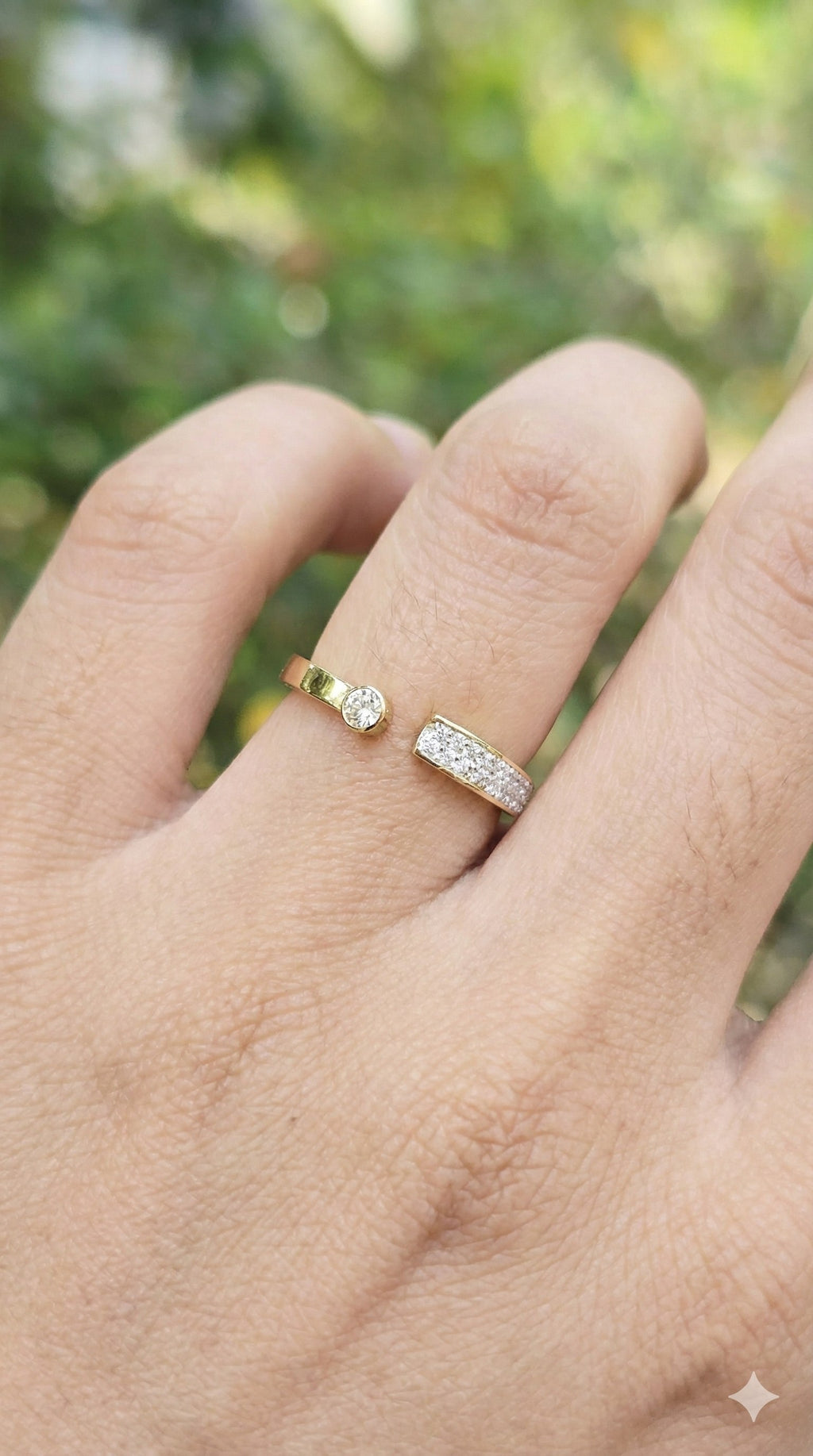 young woman wearing gold-plated hypoallergenic finger ring, showing their anti-tarnish shine suitable for sensitive skin and daily wear