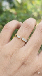 young woman wearing gold-plated hypoallergenic finger ring, showing their anti-tarnish shine suitable for sensitive skin and daily wear