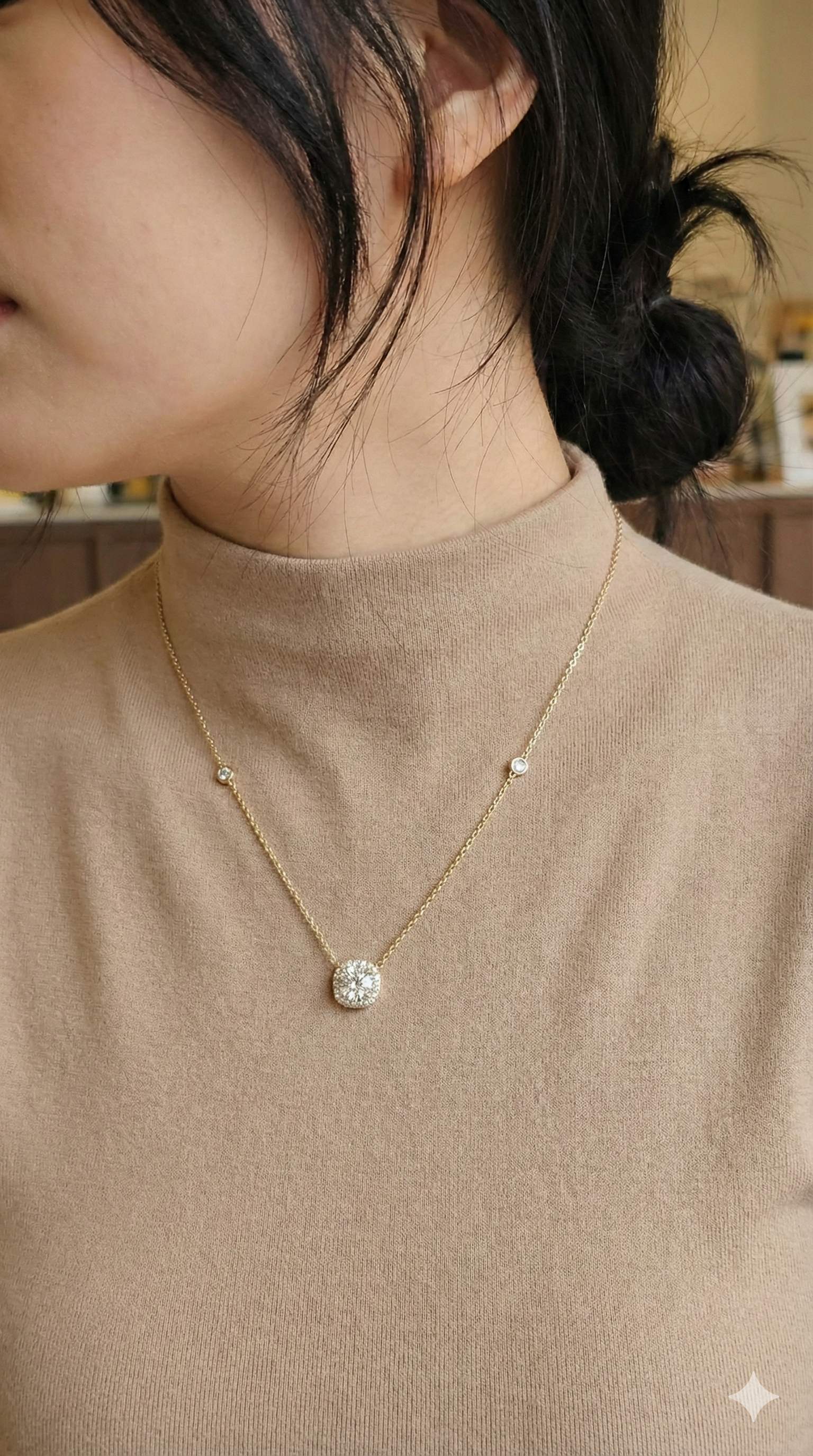 young woman wearing gold-plated hypoallergenic necklace, showing their anti-tarnish shine suitable for sensitive skin and daily wear