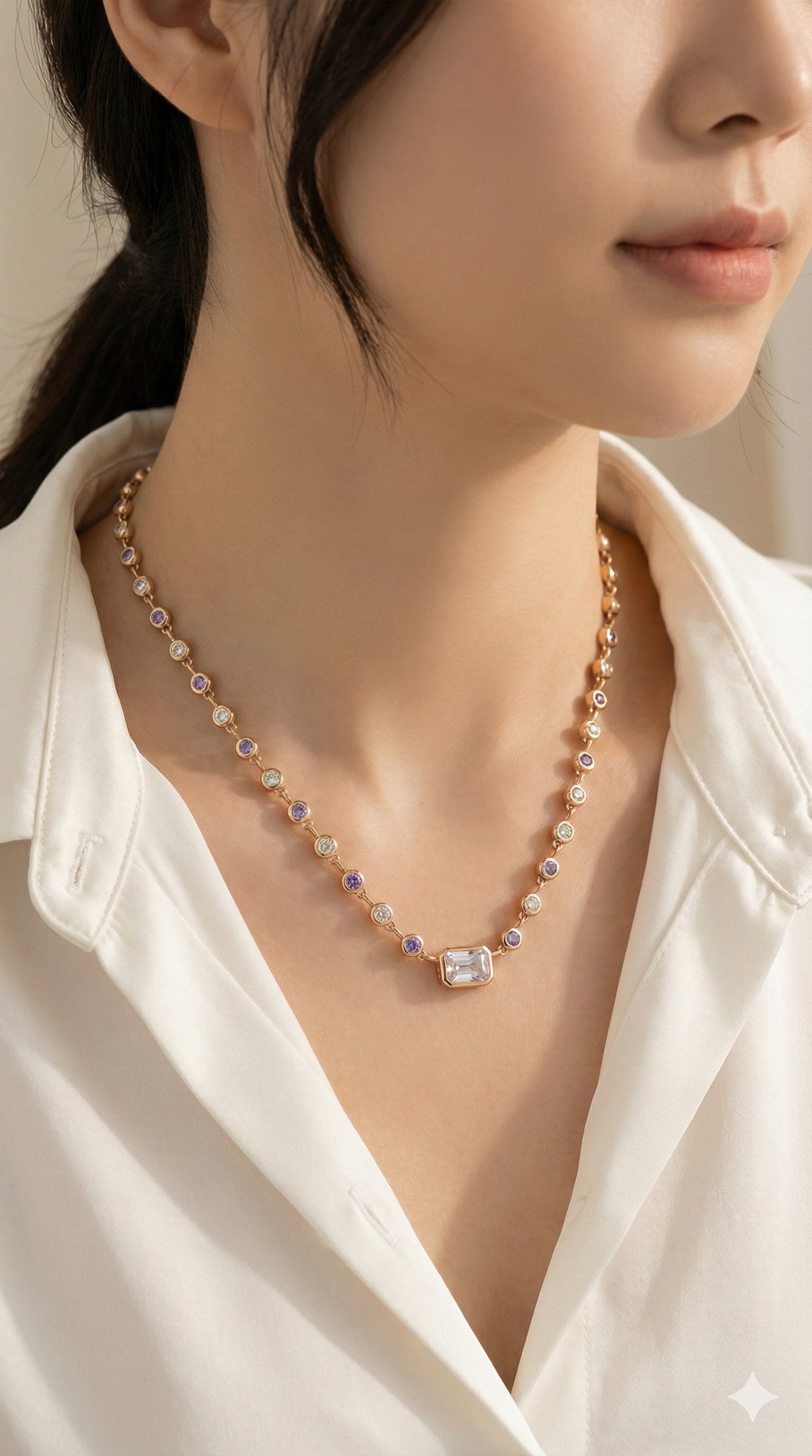 young woman wearing gold-plated hypoallergenic necklace, showing their anti-tarnish shine suitable for sensitive skin and daily wear