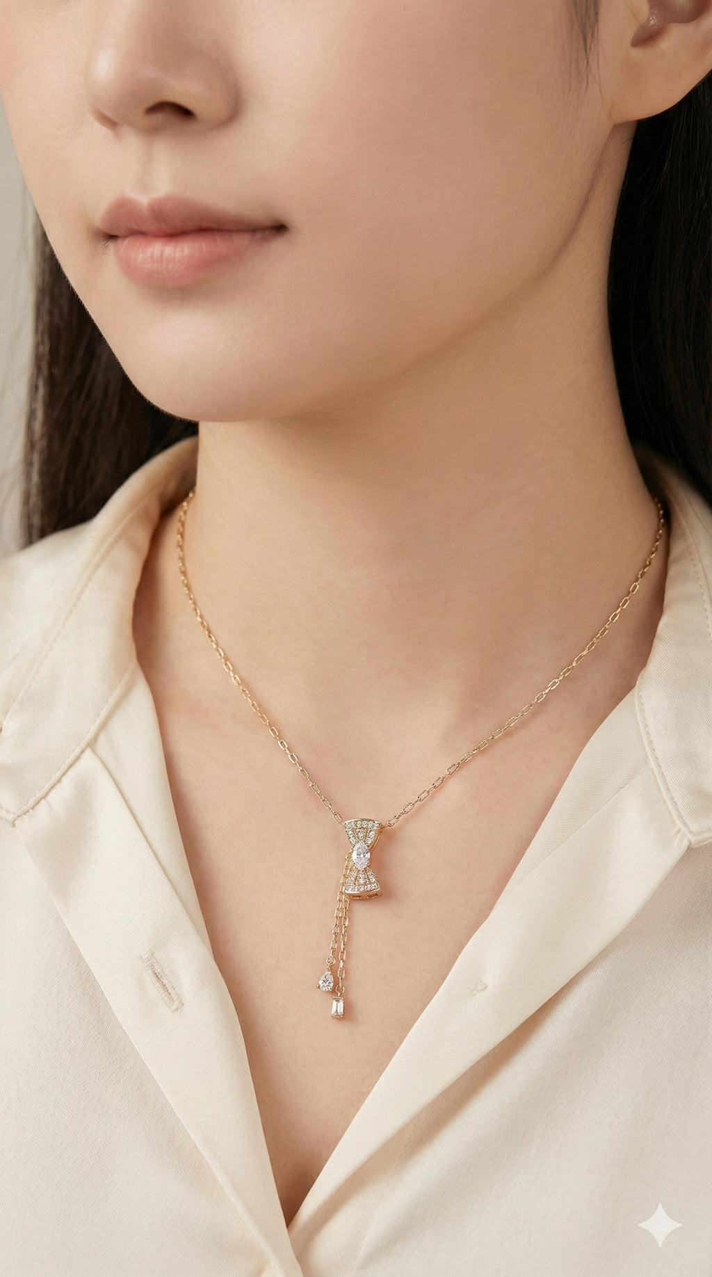 young woman wearing gold-plated hypoallergenic necklace, showing their anti-tarnish shine suitable for sensitive skin and daily wear
