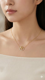 young woman wearing gold-plated hypoallergenic necklace, showing their anti-tarnish shine suitable for sensitive skin and daily wear