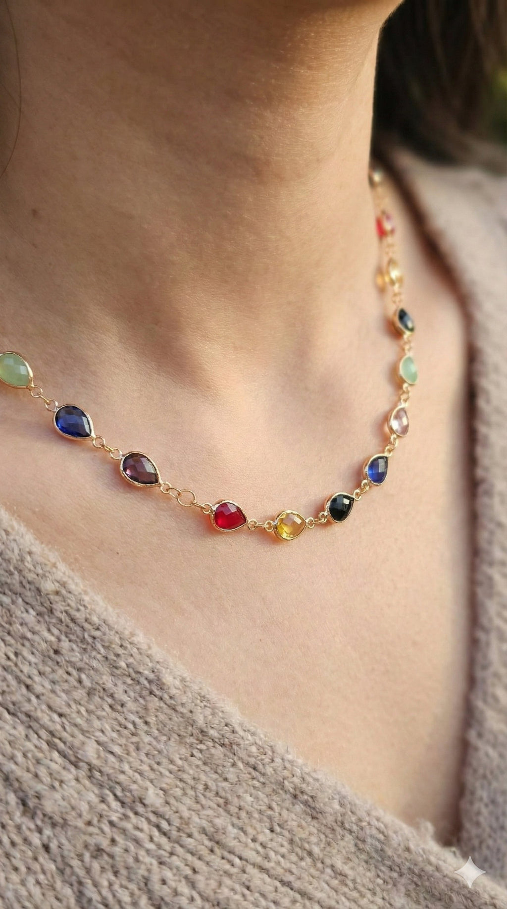 young woman wearing gold-plated hypoallergenic necklace, showing their anti-tarnish shine suitable for sensitive skin and daily wear