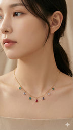 young woman wearing gold-plated hypoallergenic necklace, showing their anti-tarnish shine suitable for sensitive skin and daily wear