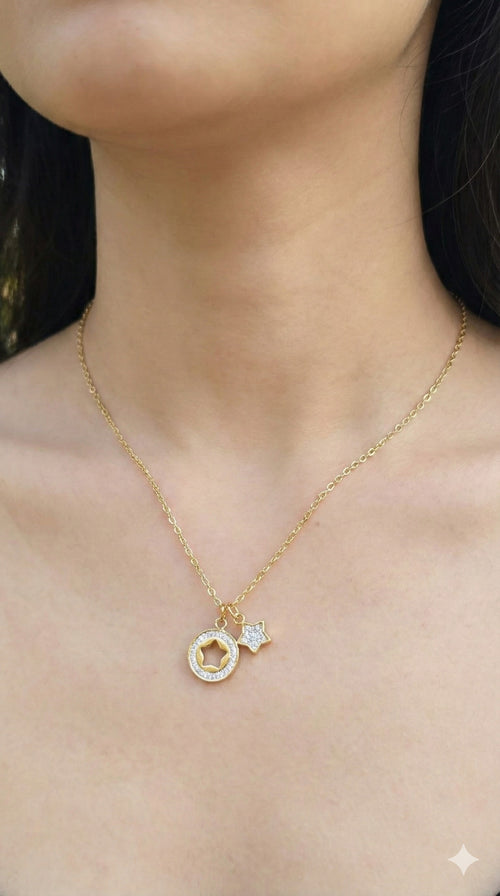 young woman wearing gold-plated hypoallergenic necklace, showing their anti-tarnish shine suitable for sensitive skin and daily wear