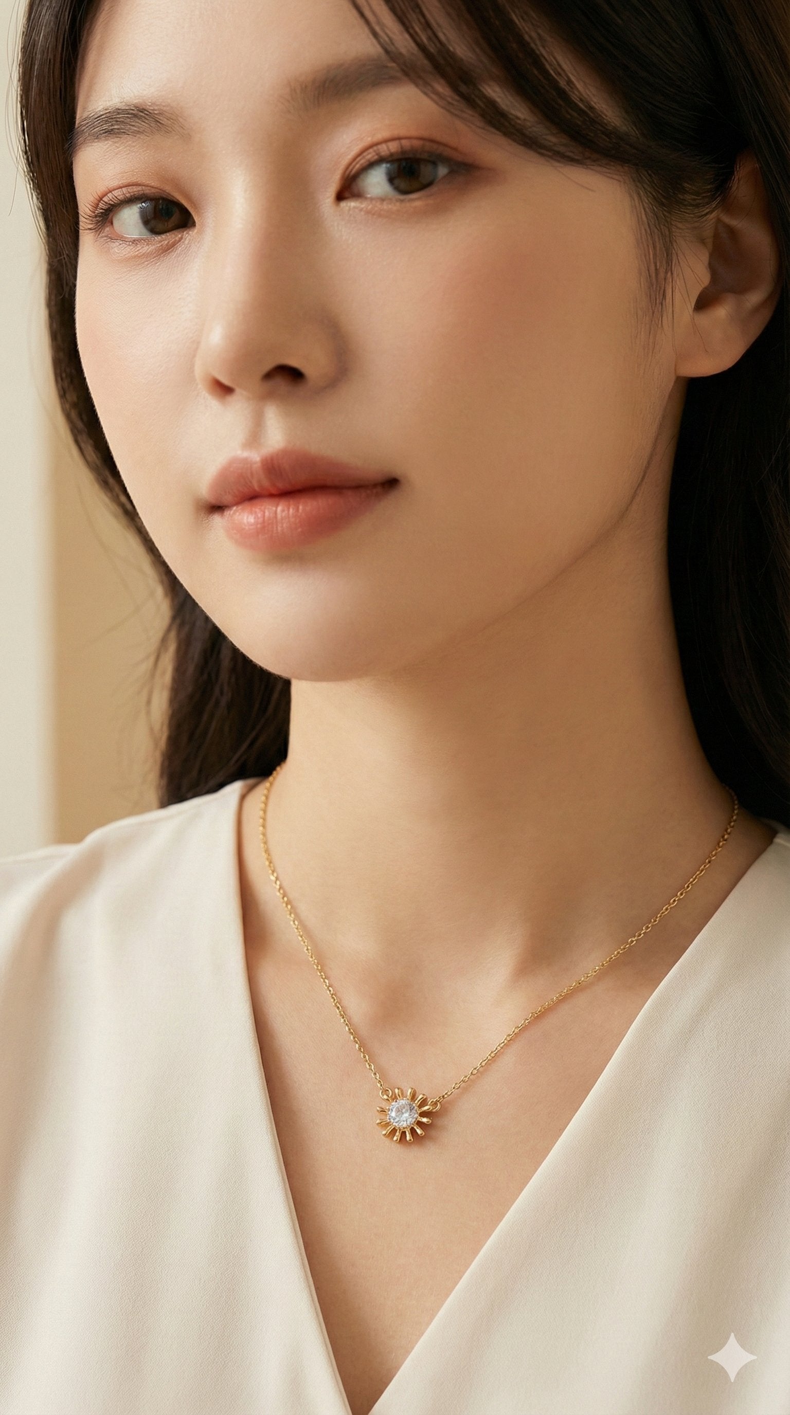 young woman wearing gold-plated hypoallergenic necklace, showing their anti-tarnish shine suitable for sensitive skin and daily wear